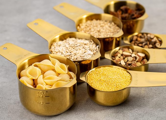 7-Piece 18/8 Stainless Steel Measuring Cups Set, Gold | Includes 1/16, 1/4, 1/3, 1/2, 2/3, 3/4 and 1 Cup, Engraved US and Metric Markings, Pour Spouts and Ring Connector
