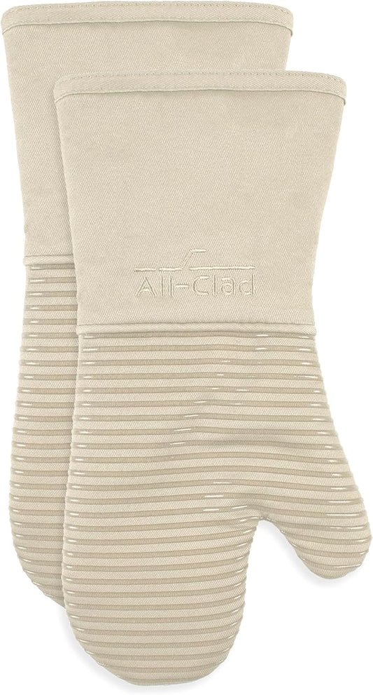 All-Clad Silicone Oven Mitts: Heat Resistant up to 500 Degrees - 100% Cotton & Silicone, 14"x7" Oven Mitt for Kitchen and Barbeque, 2-Pack, Almond