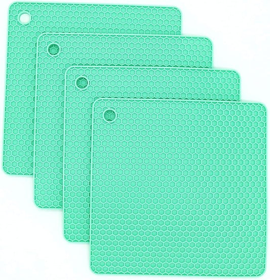 Silicone Trivets for Hot Dishes, Pots and Pans, Hot Pads for Kitchen, Green Silicone Pot Holders Mats for Kitchen Quartz Counter Heat Resistant Mat, Flexible Table Plate Trivet Mat Set 4