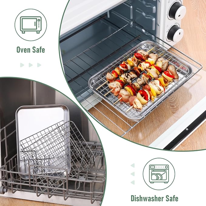 Homikit Toaster Oven Pan with Rack (1 Small Baking Sheet+1 Rack), 9” x 7” | Stainless Steel Baking Sheet with Wire Rack, Small Cookie Sheets Bacon Tray with Cooling Rack, Rust Free & Dishwasher Safe