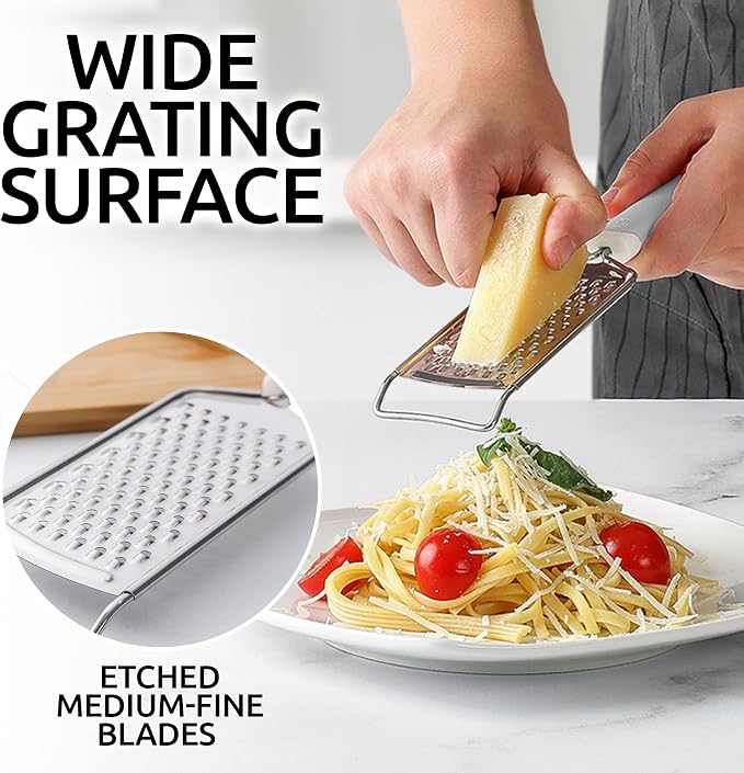 Zulay Kitchen Professional Cheese Grater Stainless Steel - Durable Rust-Proof Metal Lemon Zester Grater With Handle - Flat Handheld Grater For Cheese, Chocolate, Spices, And More - White