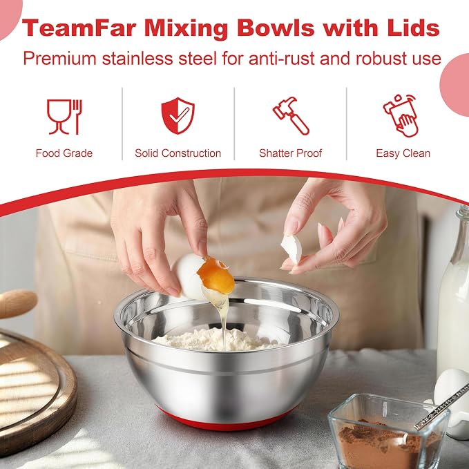 TeamFar Mixing Bowls, Red Mixing Bowls with Lids Set, Stainless Steel Nesting Salad Bowl with Air-tight Lid & Silicone Bottom, Non Slip & Stackable - Set of 6-4.6/2.6/2 / 1.5/1 / 0.7 Qt