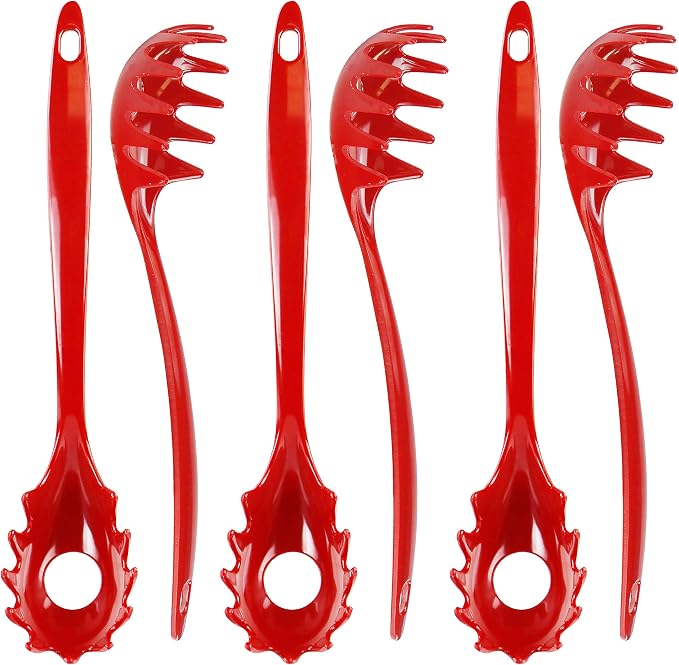 Spaghetti Spoon, Pasta Server, Fork with Ergonomic Handle, Heat Resistant, BPA Free,11.5 inch Melamine Utensil by Reston Lloyd, 6 piece set, Red