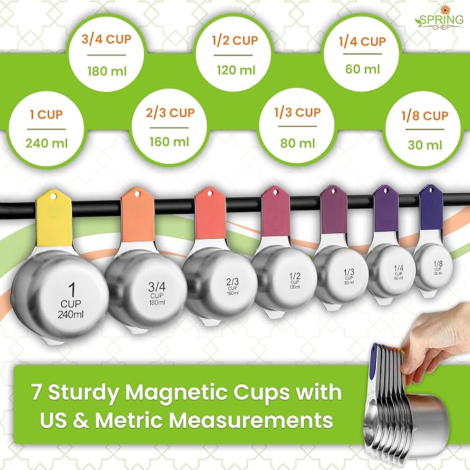 Spring Chef Magnetic Measuring Cups & Spoons Set of 16, Mountain Sunrise | Patented Nesting Stainless Steel Measuring Cups & Heavy Duty Metal Measuring Spoons w/ Levelers for Dry & Liquid Ingredients