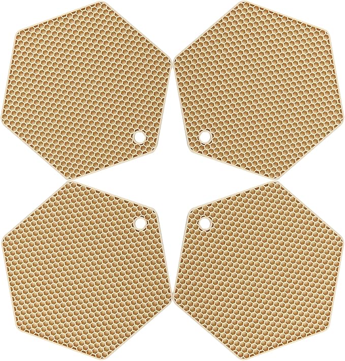 4 Packed Silicone Trivet Mats - DIY Different Size Dish Drying Mat, Hot Pot Holder for Pots & Pans, Non-Slip & Heat Resistant Kitchen Hot Pads for Countertops & Table, Beige
