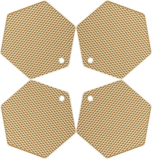 4 Packed Silicone Trivet Mats - DIY Different Size Dish Drying Mat, Hot Pot Holder for Pots & Pans, Non-Slip & Heat Resistant Kitchen Hot Pads for Countertops & Table, Beige