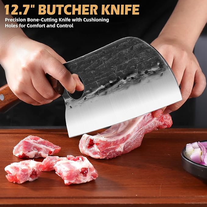 3 PCS Hand Forged Chef Knife Set, Meat Cleaver & Boning Knife | Includes Meat Cleaver & Viking Boning Knife, Ideal for Meat Cutting, Kitchen, BBQ & Camping