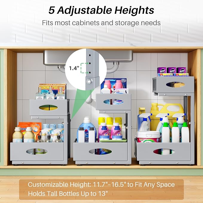 Under Sink Organizer, 1-Pack Pull Out Cabinet Organizer 2 Tier Metal Slide Out Storage Shelf Rack, L-Shaped Adjustable Height,Mesh Sliding Drawer for Kitchen, Bathroom, Laundry, Pantry, Grey, XL