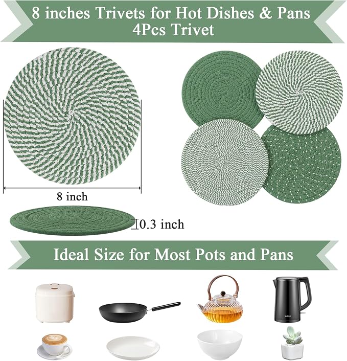 SHACOS 8 Inches Trivets for Hot Dishes, 4 Pieces Cotton Trivets Mats for Kitchen, Hot Pads for Countertops and Table, Heat-Resistant Pot Holders for Hot Pots and Pans(Green, 4pcs)