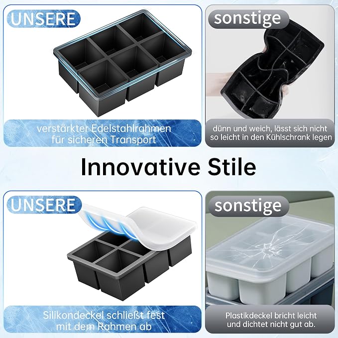Ankway Silicone Ice Cube Tray, Large, 2 Pack, XXL Ice Cube Tray with Lid for 5 cm, 12 Ice Cubes, BPA-Free Premium Silicone Ice Cube Tray for Chilled Drinks, Whisky, Cocktails, Beer and Coffee