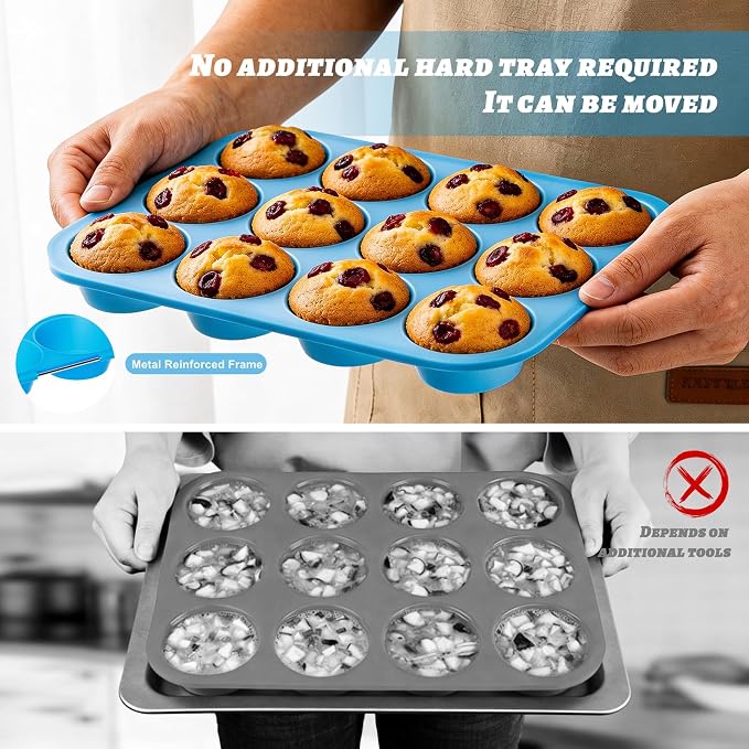 2Pack Silicone Muffin Pans with Metal Reinforced Frame,12 Cup Regular Size Silicone Cupcake Pan,Muffin Tin,Nonstick Cupcake Baking Molds for Muffins,Cupcakes,Egg Bites,BPA Free (2Pack Blue)