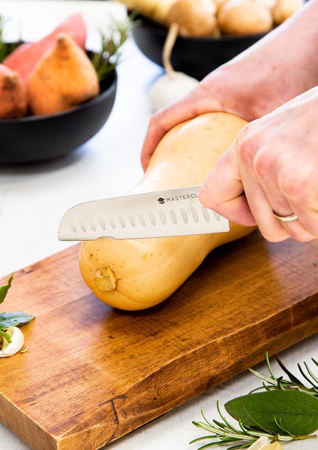 MasterClass Santoku Knife with EdgeKeeper Knife Sharpener Sheath, Stainless Steel, 14 cm