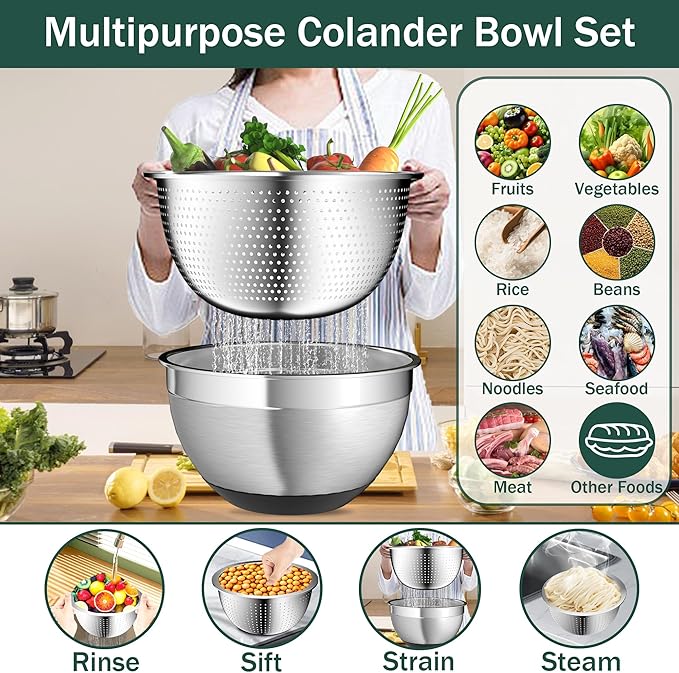 Mixing Bowls with Airtight Lids, Stainless Steel Mixing Bowl Set with 3 Nesting Kitchen Metal Bowls, Colander & Grater, Non-Slip Bottoms, Size 1.5, 2.5, 5 QT, Great for Mixing & Serving, Black