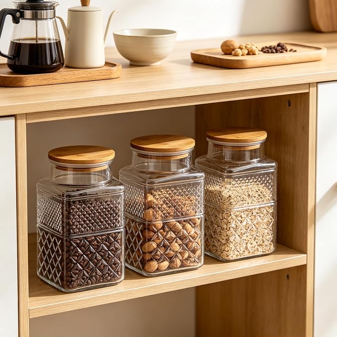 Large Glass Storage Jar, 60 FL OZ Glass Food Storage Containers with Bamboo Lid, Kitchen Laundry Room Organization Jar for Cookies Coffee Flour Sugar Laundry Pods Detergent Airtight Glass Jars | Kitchen Pantry Thick Glass Container for Flour Sugar Cook...