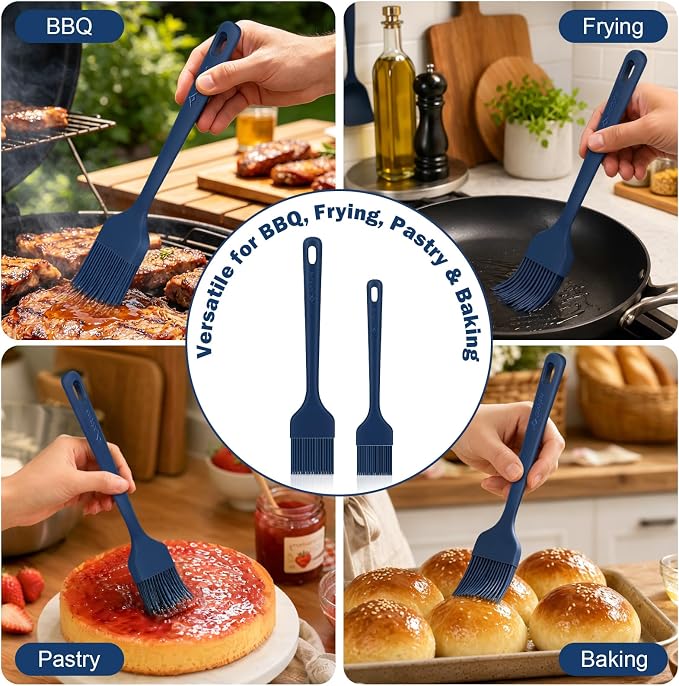 Silicone Basting Brush Set, 2-Pack Food-Grade BPA-Free Pastry Brush, 446°F Heat Resistant with Reinforced Inner Core, One-Piece Design for BBQ, Grilling, Baking, Butter, Marinades & Oil (Blue)