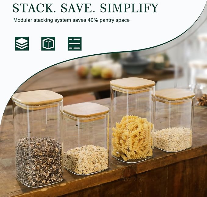 LIBWYS 8-Pack Glass Pantry Storage Jars with Bamboo Lids (1.22Qt/1.67Qt) | Stackable Square Food Containers for Pantry Organization, Coffee, Flour, Snacks, Tea, Sugar | Dry Food Kitchen Canisters Set