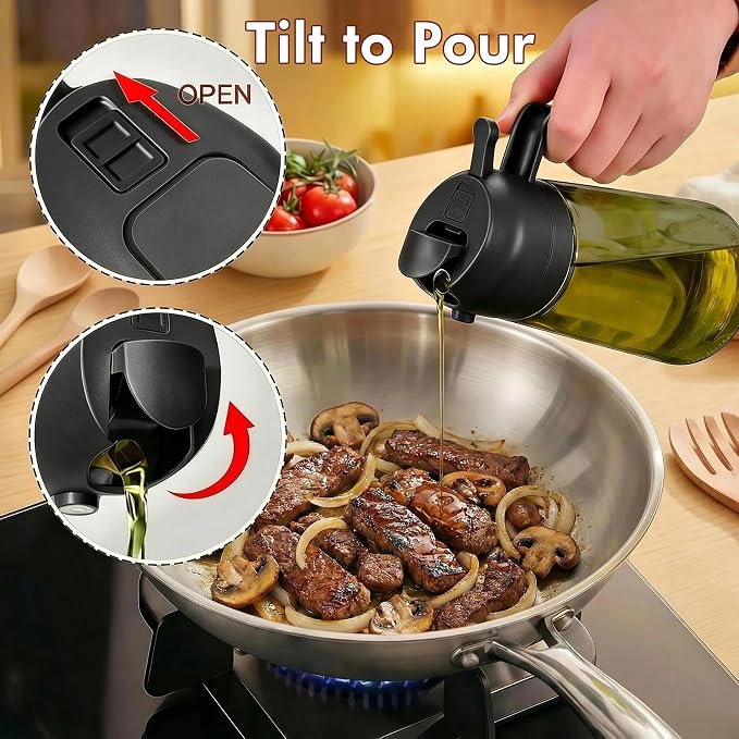 Poshetion 2 in 1 Olive Oil Sprayer for Cooking, 16oz Light-Proof Oil Dispenser for Kitchen, Leak-Proof Oil Spray Bottle for Air Fryer, Salad, BBQ, Baking, Grilling - Black & Black