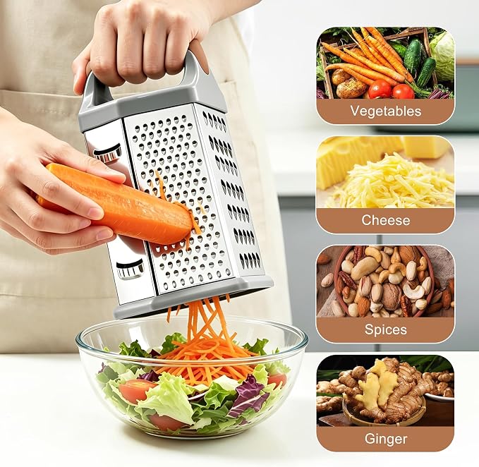 Box grater for kitchen 6 Sided - Cheese Graters Handheld, Stainless Steel Shredder for Food Vegetable Carrot Potato Tomato (Brown)