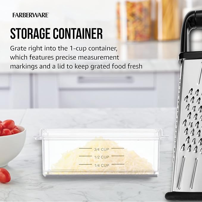 Farberware Slim Box Grater with Storage Container, Stainless Steel 4-Sided Cheese Grater with 1-Cup Catch Cup, Lid, and Non-Slip Base - Dishwasher Safe Kitchen Grater for Cheese, Vegetables, and More