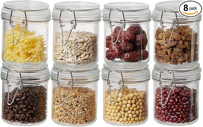 ODBCYWM 10oz Glass Food Storage Jars with Airtight Lids, Set of 8 – Clear Preserving Seal Wire Clip Fastening Canisters for Kitchen Canning, Flour, Cereal, Pasta, Sugar, Beans, Pickling Jars (10oz×8)
