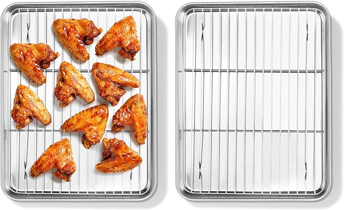 Homikit Quarter Sheet Pan with Rack Set for Toaster Oven (2 Sheets+2 Racks) | 12x10 Inch Stainless Steel Baking Sheets & Wire Cooling Grids, Small Cookie Pans Non Toxic, Metal Bacon Tray, Dishwasher Safe