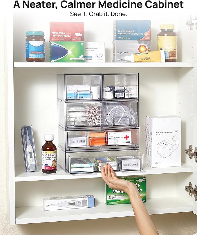 Vtopmart Clear Stackable Storage Drawers Set of 6, Plastic Organizer Bins | Multi-purpose Boxes for Bathroom Accessories Storage, Ideal for Cabinet, Shelf, Pantry, Laundry Room Organization
