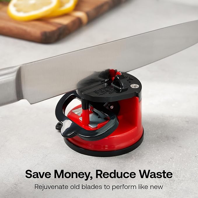 AnySharp – Editions – Hands Free Knife Sharpener - Easy to Use Sharpening Tool with PowerGrip Suction Base and 20-Degree Pre-Set Angle - for All Knives: Chef's, Serrated, and Hardened Steel - Red