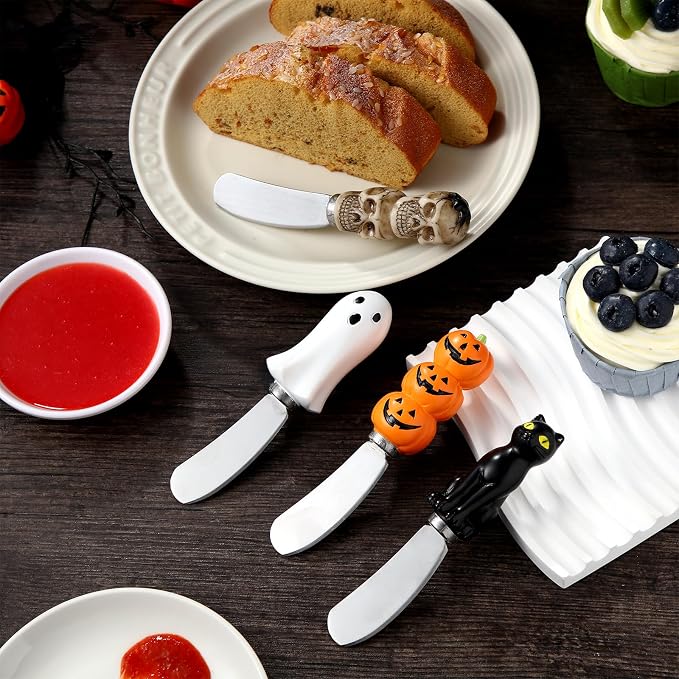 Jingmore 4 Pcs Halloween Cheese and Butter Spreader Knives Decor Pumpkin, Black Cat, Ghost, Skull Hand Painted Resin Handle with Stainless Steel Blade Multipurpose(Cheese Knives)