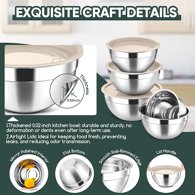 Herogo 5-Piece Mixing Bowls with Lids, 3 Grater Attachments, Stainless Steel Salad Bowls for Kitchen, Size 4.6, 3.5, 2.5, 2, 1.5QT Ideal for Baking, Prepping, Mixing and Serving, Khaki