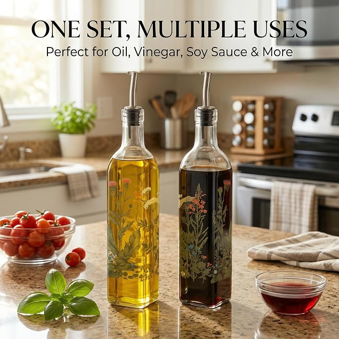 Topadorn Decorative Olive Oil Dispenser Set, 2 Pack 17oz Glass Oil & Vinegar Bottles with Pour Spouts, Kitchen Countertop Cruets for Cooking & Serving