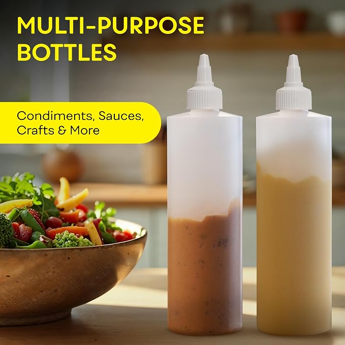 BRIGHTFROM Condiment Squeeze Bottles, 16 OZ Empty Squirt Bottle with Twist Top Cap, Leak Proof - Great for Ketchup, Mustard, Syrup, Sauces, Dressing, Oil, Arts and Crafts, BPA FREE Plastic - 2 PACK
