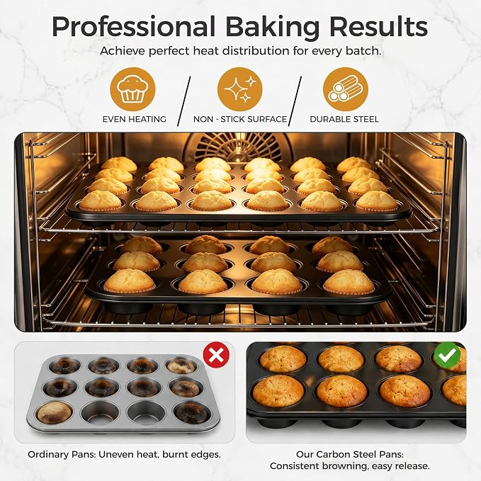 E-far Muffin Pan Set of 2, Regular 12-Cup & Mini 24-Cup Cupcake Pan | Nonstick Carbon Steel Muffin Tins for Easy Release, 2 Sizes for Baking Muffins & Cupcakes, Warp-Free & Even Baking, Oven Safe