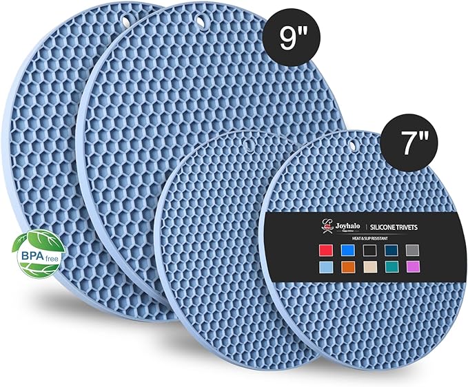 4 Pack Silicone Trivet for Hot Dishes | Heat Resistant Silicone Pot Holders for Kitchen Countertops, Hot Dishes, Jar Opener, Spoon Holder, Easy to Wash, Blue