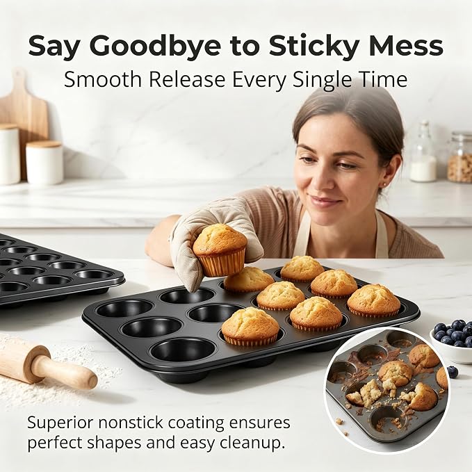 E-far Muffin Pan Set of 2, Regular 12-Cup & Mini 24-Cup Cupcake Pan | Nonstick Carbon Steel Muffin Tins for Easy Release, 2 Sizes for Baking Muffins & Cupcakes, Warp-Free & Even Baking, Oven Safe