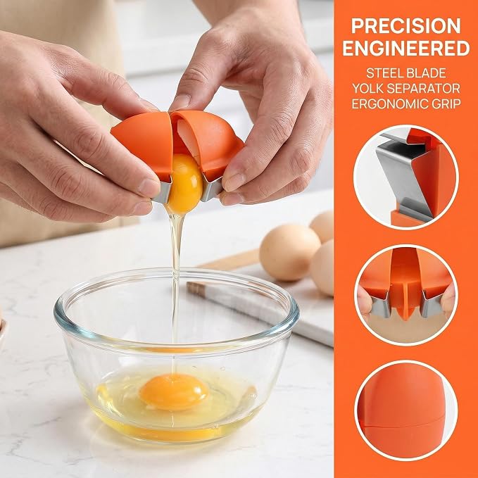 2026 Upgraded Stainless Steel Egg Cracker and Separator – 2 Pack Raw Egg Opener with Shell Cutter, Dishwasher Safe Egg Tool, Yolk & White Separator for Fresh Eggs, Not for Hard Boiled (Orange)