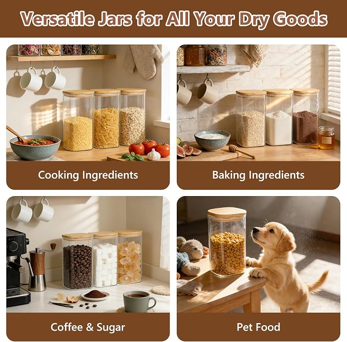 KEYWING 50oz Glass Storage Containers with Airtight Lids for Pantry, 3 Pack | Square Glass Jars with Bamboo Lids, Pantry Storage Canister for Flour, Sugar, Cereal, Coffee Beans, Pasta, Cookies & Tea