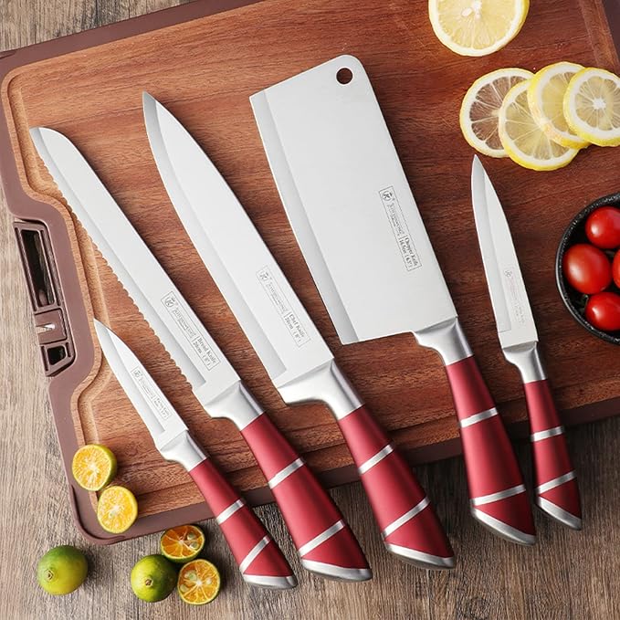 Kitchen Knife Set, 9Pcs Red Knife Set with Rotation Block, Ergonomical Handle,Non Stick Sharp Stainless Steel Chef Knife Block Set for Home Cooking Gift
