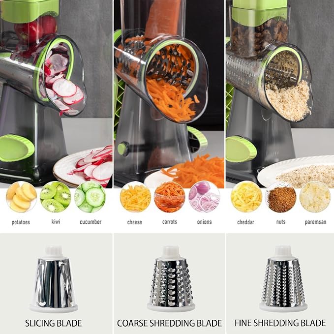 Cheese Grater Hand Crank Rotary Vegetables Shredder with Handle | 3-in-1 Graters, Interchangeable Blades, Non-slip Base, Multifunctional Slicer