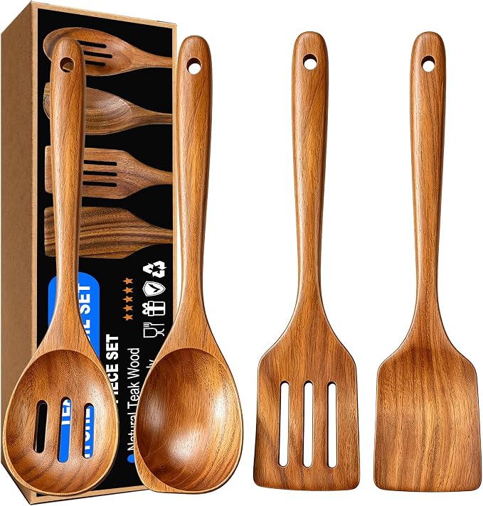 Wooden Spoons for Cooking, 4 Piece Teak Cooking Utensils Set | Natural Premium Teak, Large Kitchen Wooden Spoons, Cooking Gifts