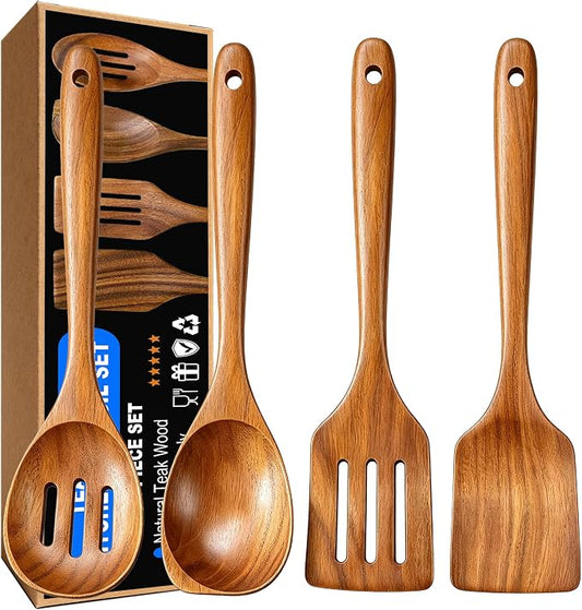 Wooden Spoons for Cooking, 4 Piece Teak Cooking Utensils Set | Natural Premium Teak, Large Kitchen Wooden Spoons, Cooking Gifts