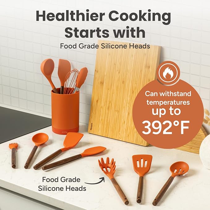 Silicone Kitchen Utensils Set & Holder: Cooking Utensils Set - Kitchen Essentials for New Home & 1st Apartment- Silicone Spatula Set, Cooking Spoons for Nonstick Cookware (Acacia Wood, Oange)