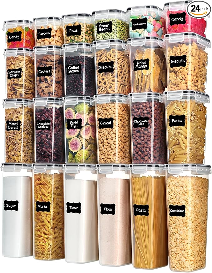 Vtopmart Airtight Food Storage Containers with Lids, 24 pcs, Black | For Cereal Pasta Snack Flour Sugar, BPA Free, Airtight Seal, Multiple Sizes, Dishwasher Safe (Not Lids), Includes 24 Labels