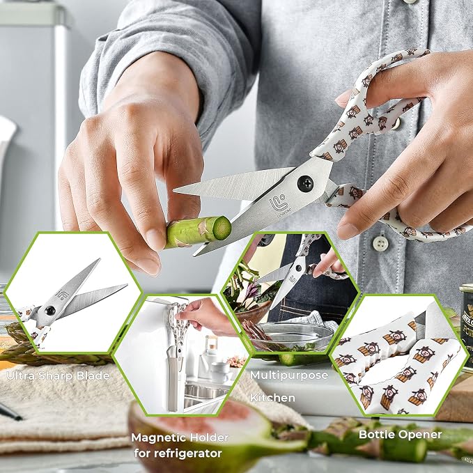 Linoroso Kitchen Scissors Heavy Duty Kitchen Shears with Magnetic Holder Made with Japanese Steel 4034, Multipurpose Ultra Sharp Cooking Scissors for Meat/Vegetables/BBQ/Herbs/Pizza (Graphic,Cow)