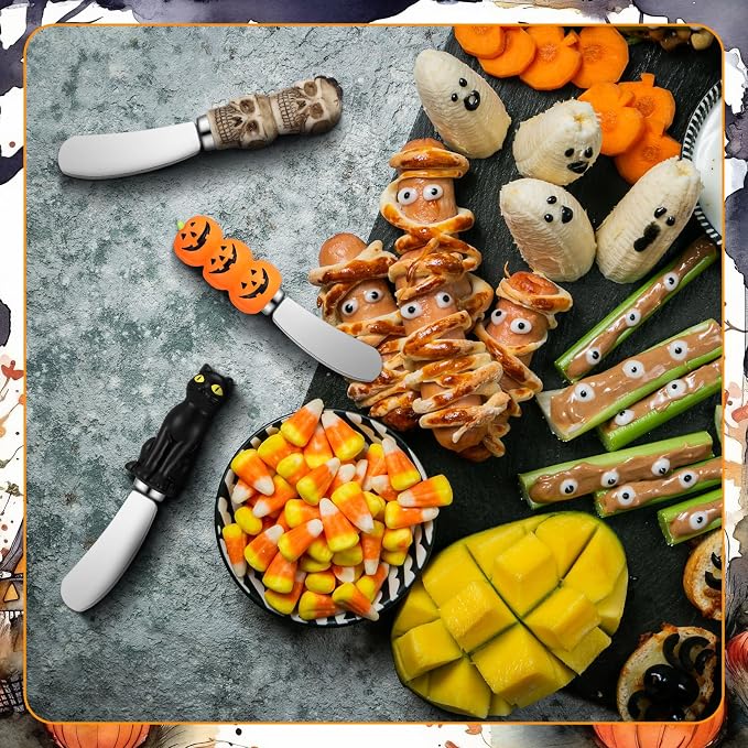 Jingmore 4 Pcs Halloween Cheese and Butter Spreader Knives Decor Pumpkin, Black Cat, Ghost, Skull Hand Painted Resin Handle with Stainless Steel Blade Multipurpose(Cheese Knives)