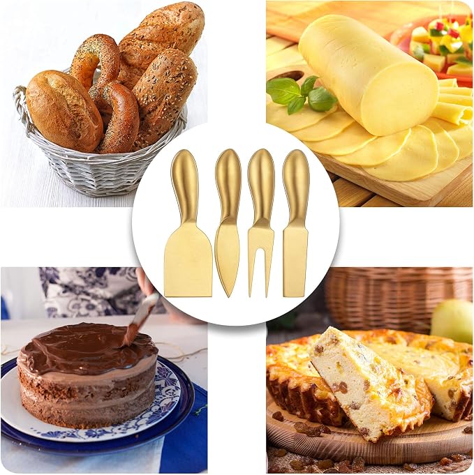 Patelai 4 Pcs Gold Cheese Knives Set Gold Knife Fork Slicer Butter Knife Spreader Stainless Steel Charcuterie Accessories for Kitchen Cooking Gift Gathering Wedding Birthday Party