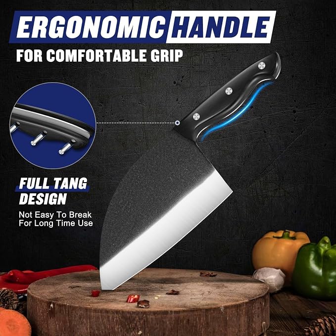 SSGP Butcher Knife Set of 3- Japanese Knife Set for Meat Cutting, Hand Forged Viking Knives Sets with Meat Cleaver, Heavy-Duty Kitchen Knives Sets for Bone BBQ Vegetable, Cooking Gifts for Men Dad