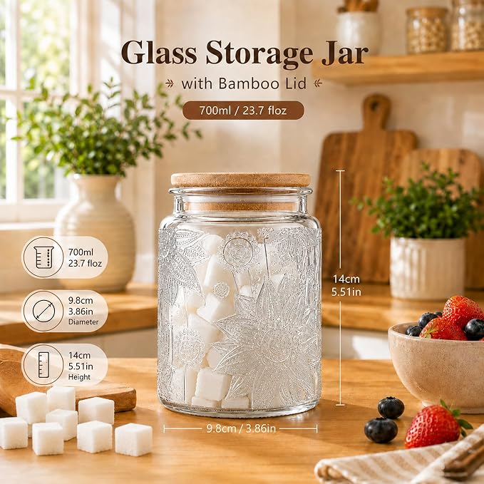 Vintage Glass Jars With Lids, 23.7oz Airtight Food Storage Containers,Kitchen Canisters For Sugar, Coffee, Tea, Spice, Flour, Candy Cookie, Pasta, Cereal, Cute Decorative Jars(Sunflower*1)