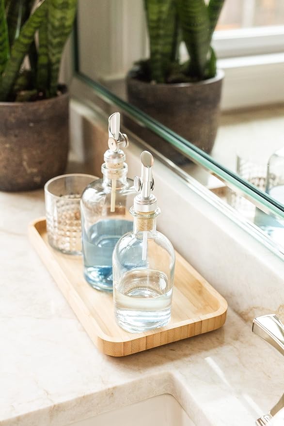 Rail19 Clear Glass Mouthwash Dispenser with Metal Pour Spout | Cooking Oil and Vinegar Dispenser - Perfect for the Bathroom, Kitchen & Tabletop, 13oz (Silver)