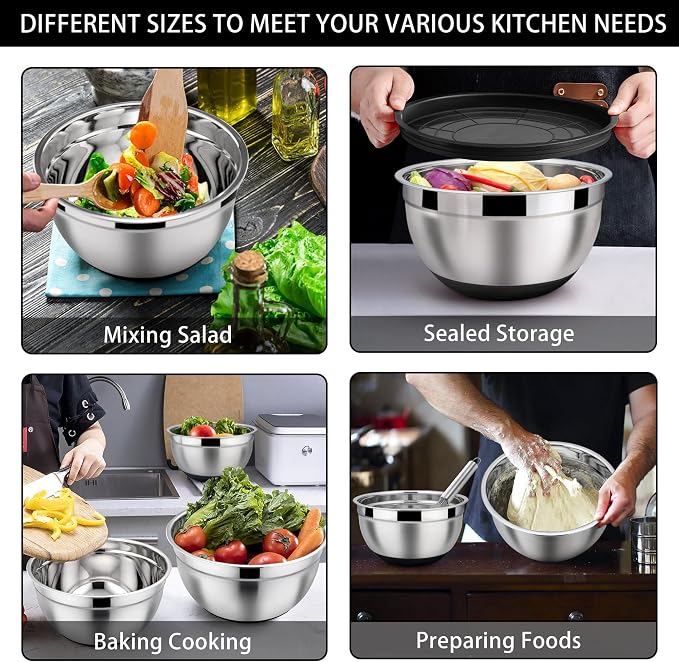 LIANYU Nesting Mixing Bowls Set of 6, Size 7, 3.5, 2.5, 2, 1.5, 1QT | Stainless Steel Large Metal Bowls with Airtight Lids, Ideal for Baking Cooking Food Storage, Non-slip Bottom, Black