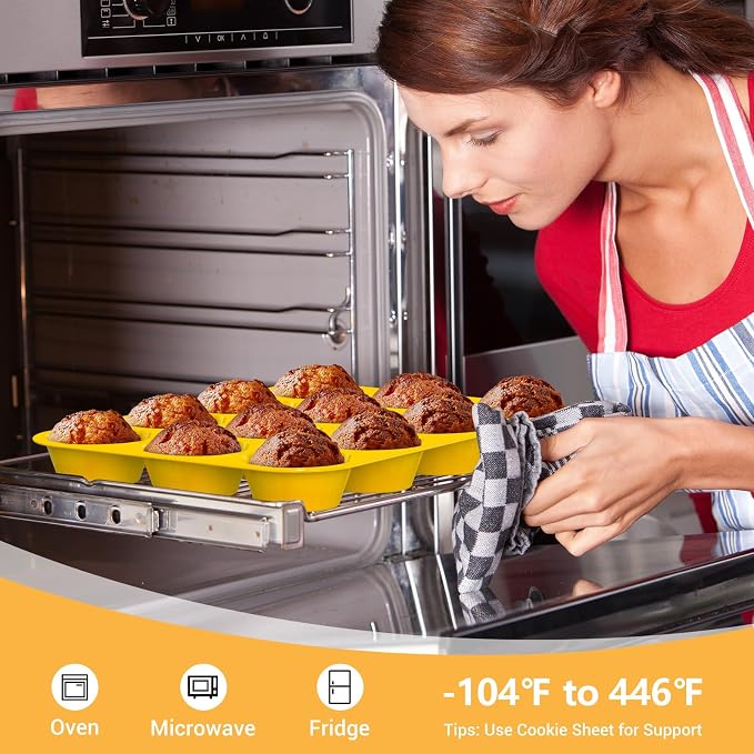 Redfly 2 Pack Silicone Muffin Pans for Baking & Cupcake Pan - 12 Cup Regular Size Silicone Molds, BPA Free Egg Bites Mold,Yellow